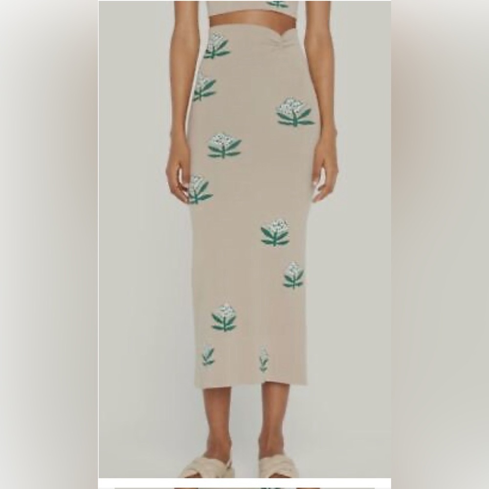 NWT Rhode Women's Beige Green Ruched Ettie Floral Knit Midi Pencil